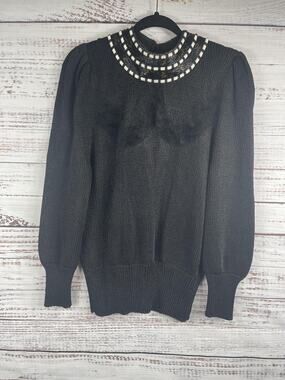 Elizabeth Sweater Womens Size M Black Beaded Collar Long Sleeve Pullover 80s VTG